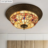 Bronze Cap Flush Mount Light With Tiffany Led Shell And Trellis Pattern