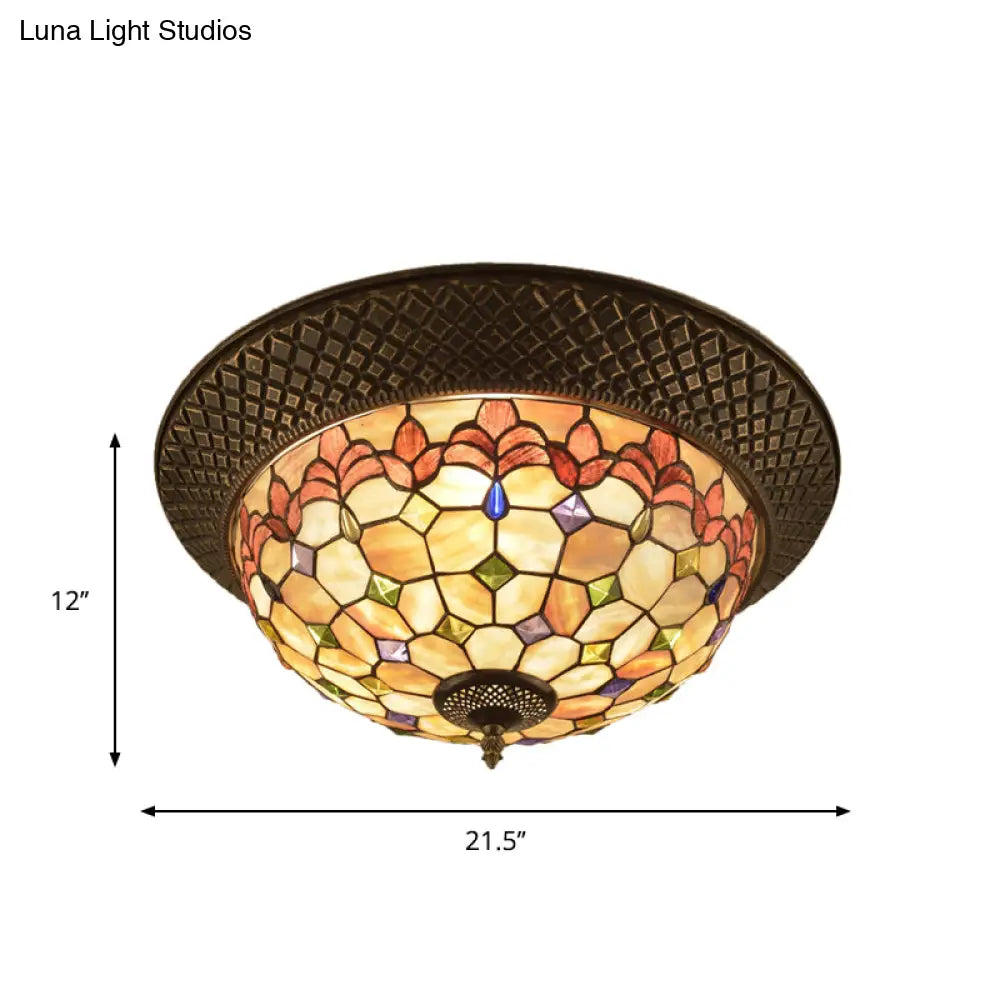 Bronze Cap Flush Mount Light With Tiffany Led Shell And Trellis Pattern