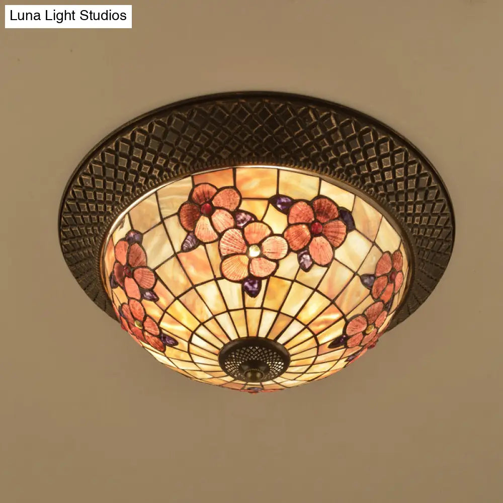 Bronze Cap Flush Mount Light With Tiffany Led Shell And Trellis Pattern
