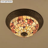 Bronze Cap Flush Mount Light With Tiffany Led Shell And Trellis Pattern