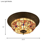 Bronze Cap Flush Mount Light With Tiffany Led Shell And Trellis Pattern