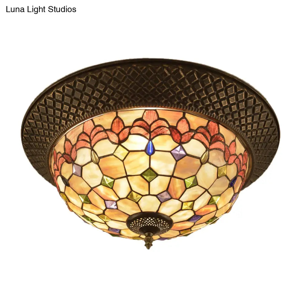 Bronze Cap Flush Mount Light With Tiffany Led Shell And Trellis Pattern