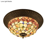 Bronze Cap Flush Mount Light With Tiffany Led Shell And Trellis Pattern