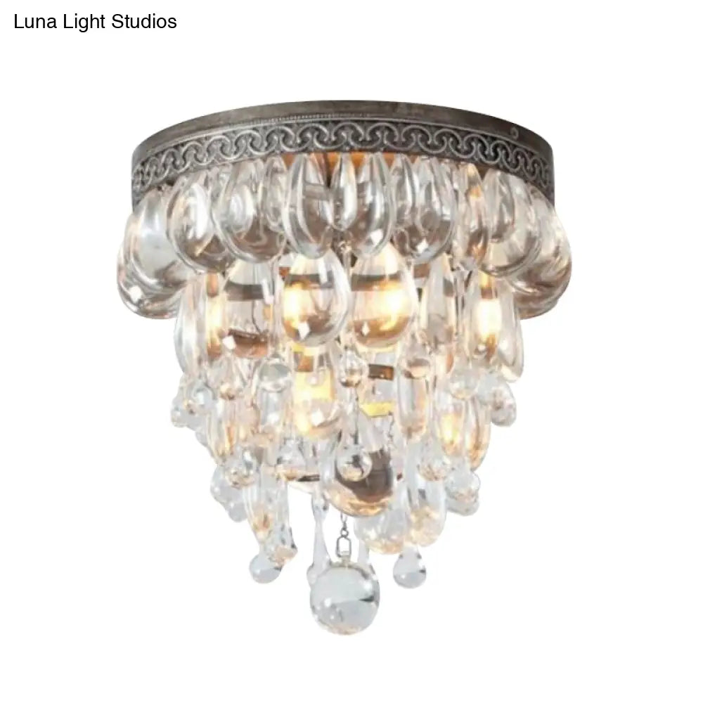 Bronze Conical Crystal Drop Ceiling Light With 3 Heads - Countryside Flushmount Lighting For