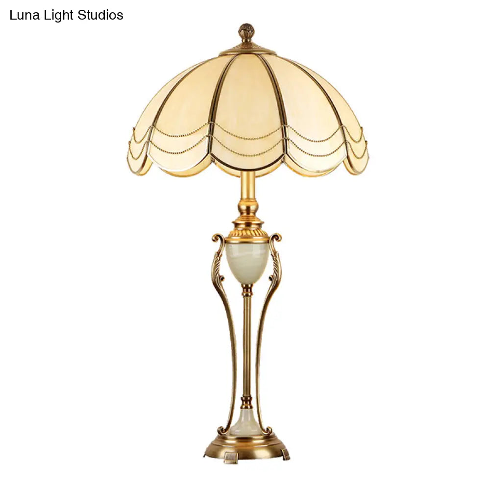 Bronze Font Night Light Table Lamp With Scalloped Lampshade - Traditional Design