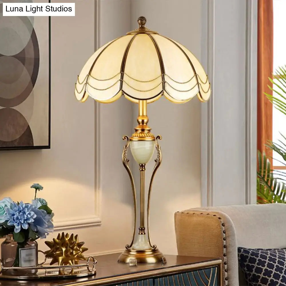 Bronze Font Night Light Table Lamp With Scalloped Lampshade - Traditional Design