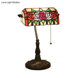 Bronze Mediterranean Stained Glass Desk Lamp With Rose Night Lighting