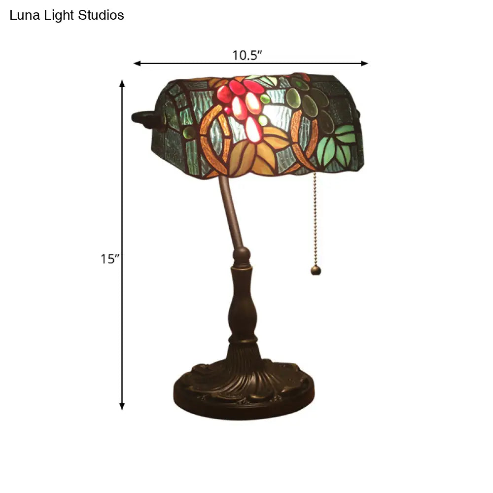 Bronze Nightstand Lamp With Cut Glass Rollover Shade - Baroque Grape Patterned Pull Chain 1 Head