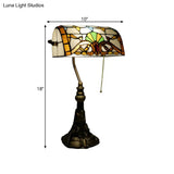 Bronze Pull Chain Desk Lamp With Hand-Cut Glass Shade & Plug-In Cord Mediterranean Style