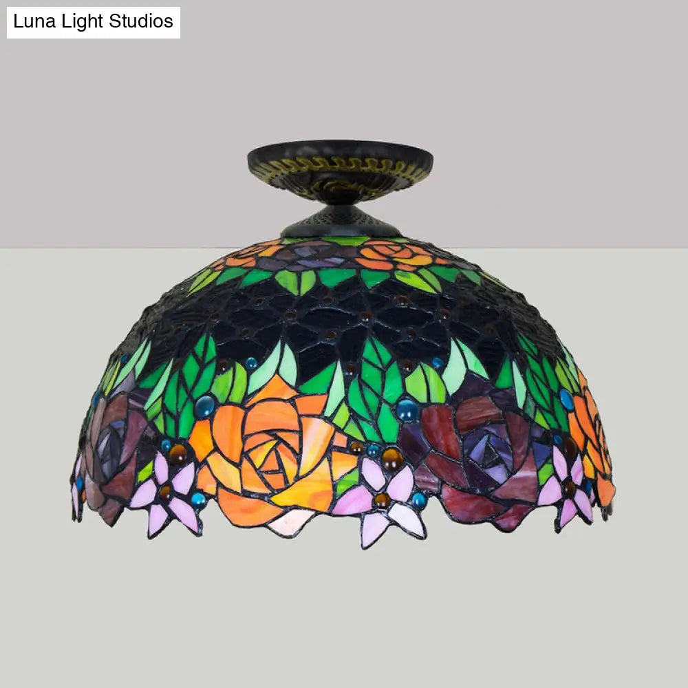 Bronze Rose/Flower Tiffany Ceiling Lamp - Multicolored Stained Glass Flush Mount Lighting