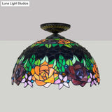 Bronze Rose/Flower Tiffany Ceiling Lamp - Multicolored Stained Glass Flush Mount Lighting