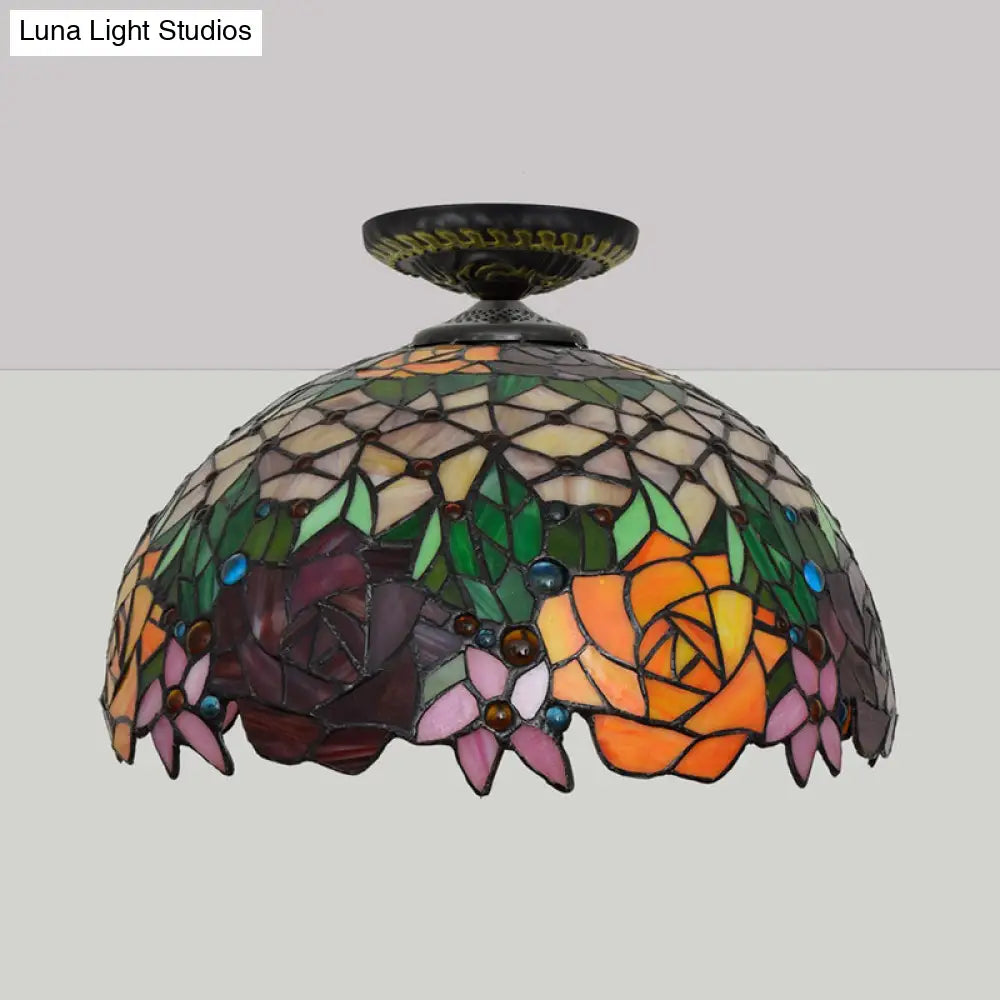 Bronze Rose/Flower Tiffany Ceiling Lamp - Multicolored Stained Glass Flush Mount Lighting