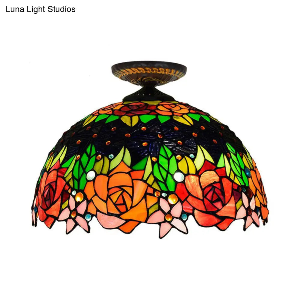 Bronze Rose/Flower Tiffany Ceiling Lamp - Multicolored Stained Glass Flush Mount Lighting