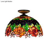 Bronze Rose/Flower Tiffany Ceiling Lamp - Multicolored Stained Glass Flush Mount Lighting