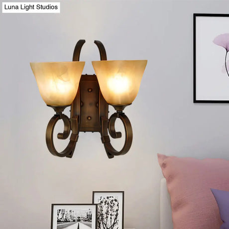 Bronze Scrolling Arm Wall Lamp With Frosted Glass - Traditional Bell Sconce Lighting Dual Bulb Mount