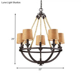 Bronze Semi-Circle Cage Pendant Chandelier - 5 Lights Country Metal Fabric Shade