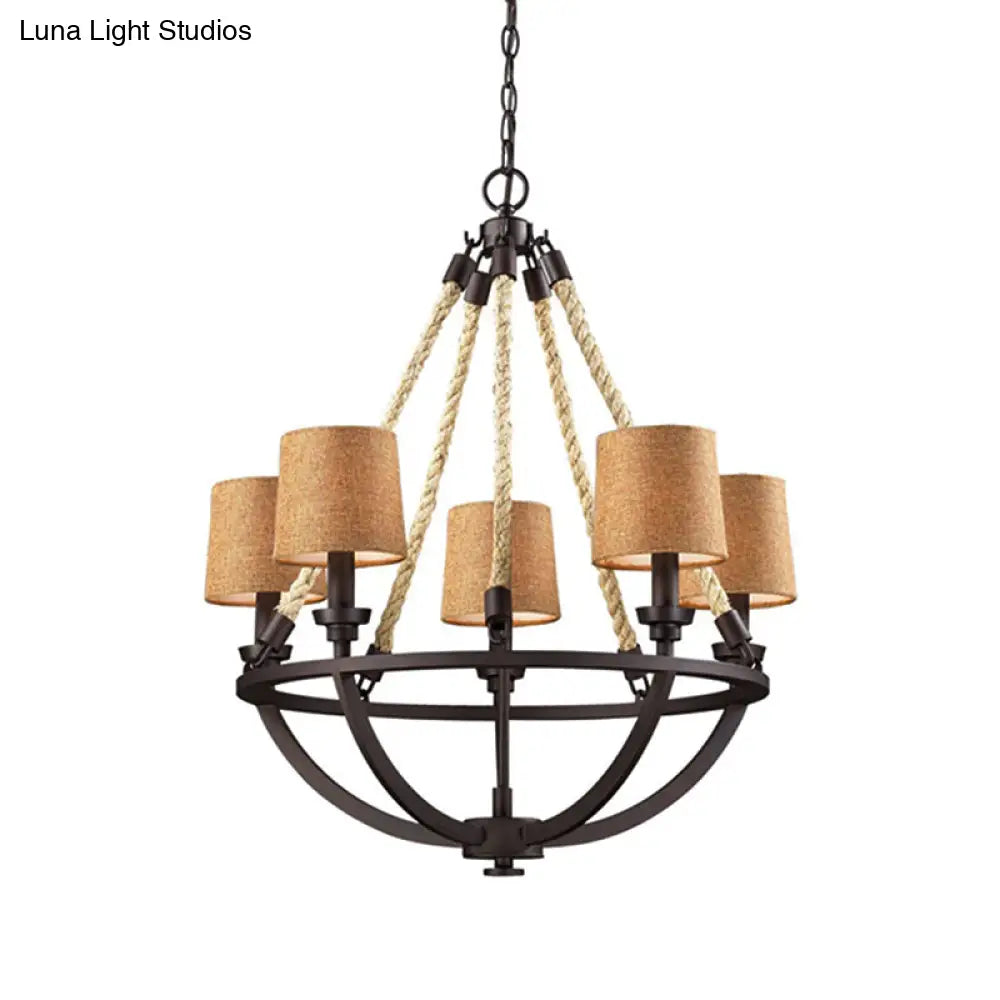 Bronze Semi-Circle Cage Pendant Chandelier - 5 Lights Country Metal Fabric Shade