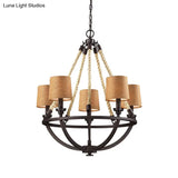 Bronze Semi-Circle Cage Pendant Chandelier - 5 Lights Country Metal Fabric Shade