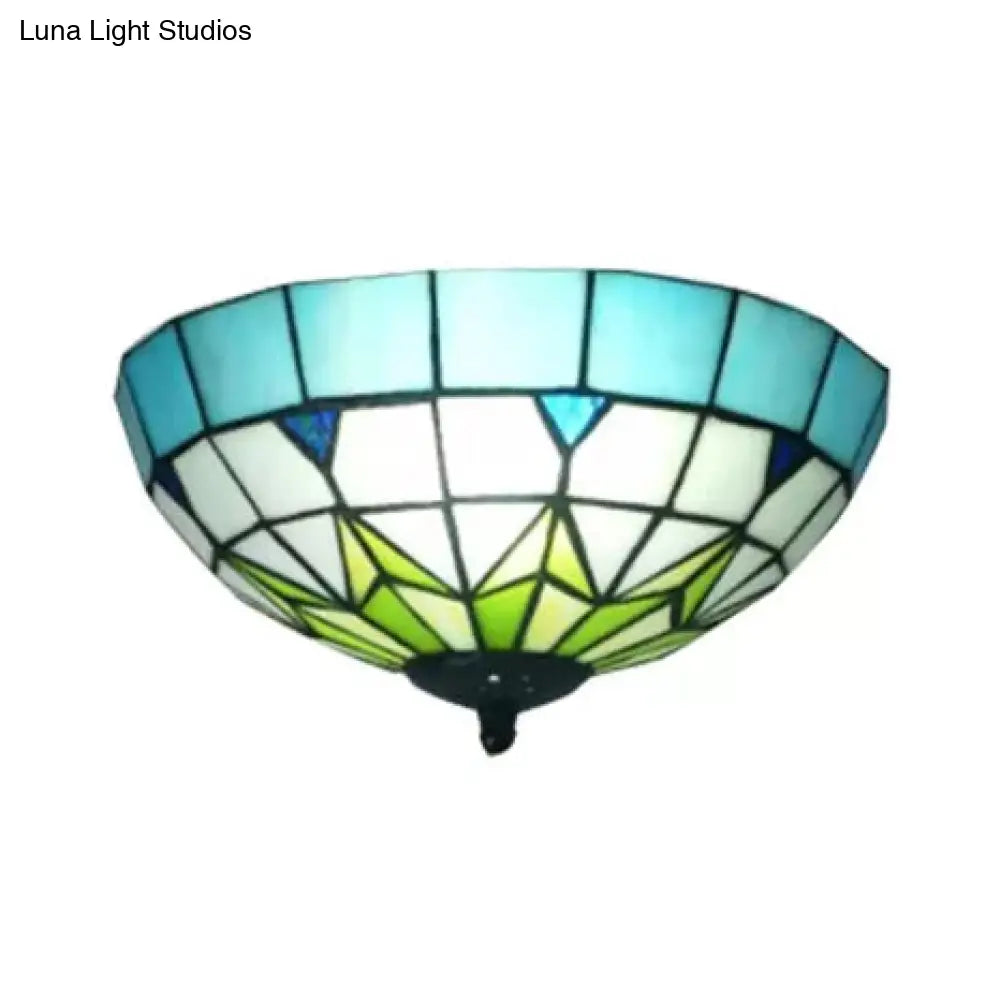 Bronze Stained Glass Ceiling Lighting - Mini Tiffany Style Flush Mount Light Fixture With Jewel For