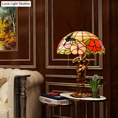 Bronze Stained Glass Tiffany Table Lamp With Pull Chain - Hemispherical Design