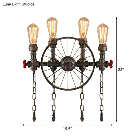 Bronze Steampunk Wall Sconce With Chain And Valve - 2/4-Head Iron Light Fixture