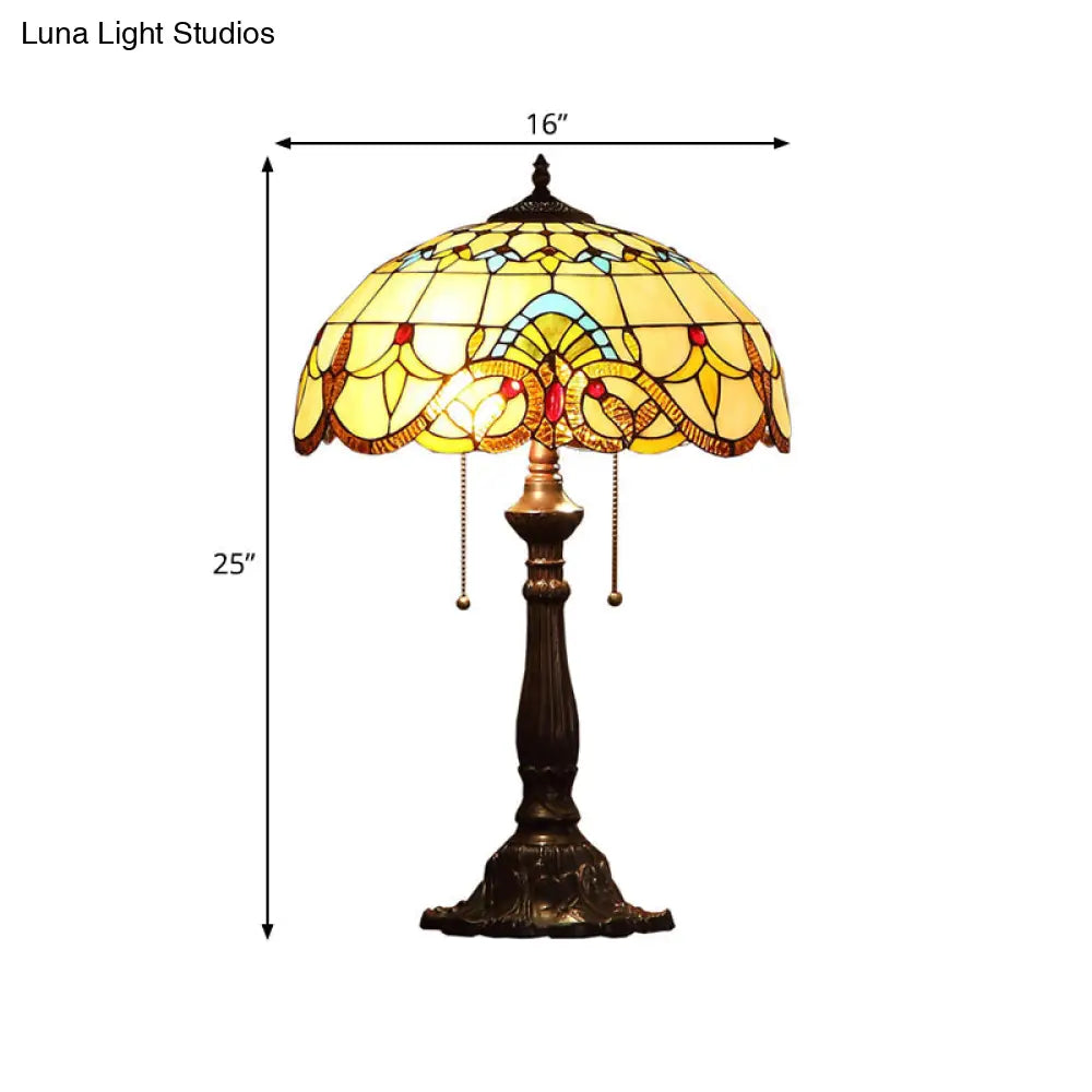 Bronze Tiffany Stained Glass Table Lamp With 2 Grain Pattern Heads And Pull Chain Switch
