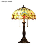 Bronze Tiffany Stained Glass Table Lamp With 2 Grain Pattern Heads And Pull Chain Switch