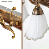 Bronze Wall Lamp With Country Flower Shade And White Rid Glass For Vanity Lighting