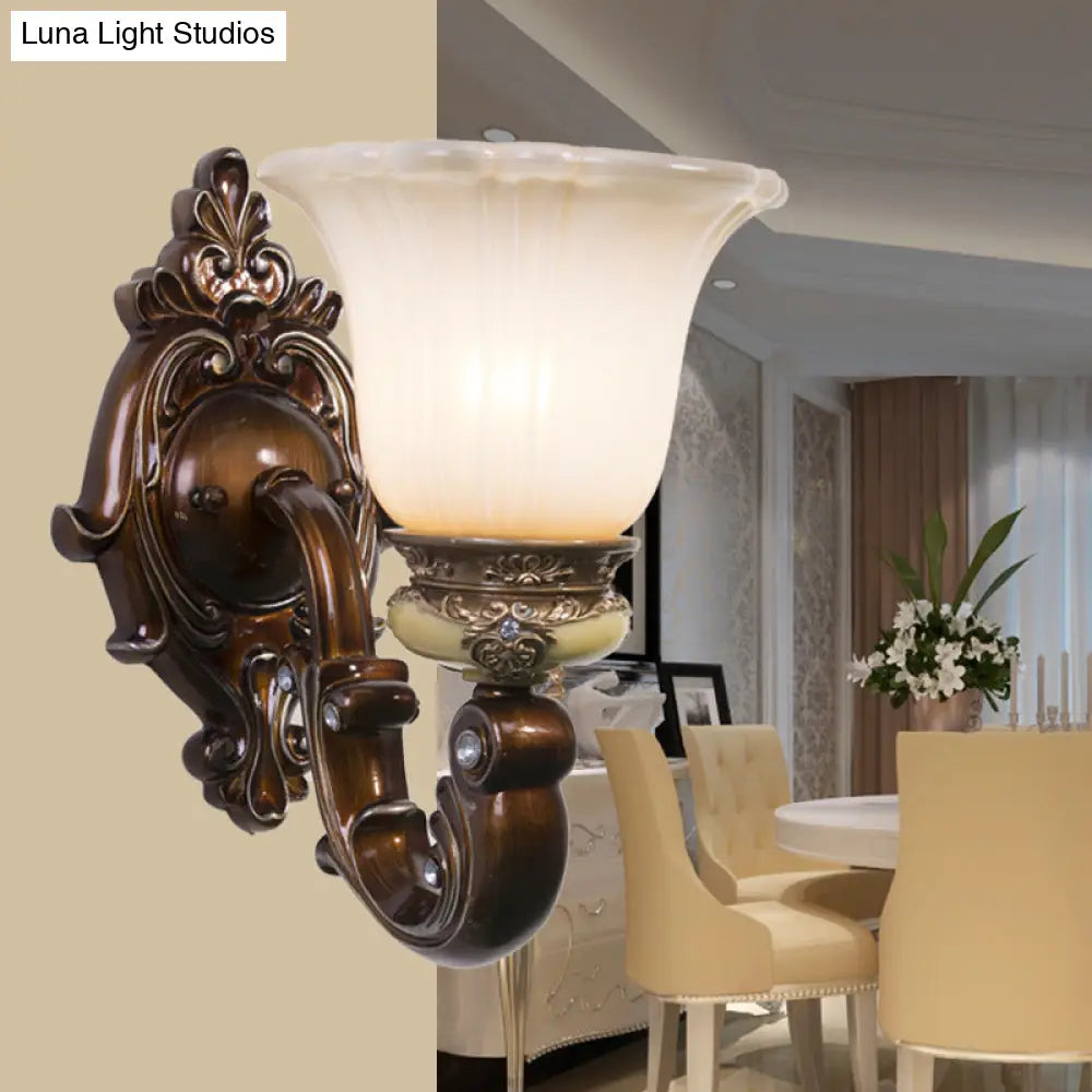 Brown Antiqued Invert Bell Single Light Wall Sconce With Cream Fluted Glass