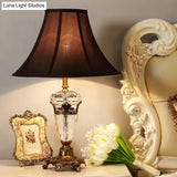 Brown Crystal Nightstand Lamp With Cone Fabric Shade - Single Head Table Light For Rural Ambiance