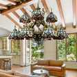Brown Mermaid Design Chandelier Pendant Lamp With Tiffany Cut Glass Dome For Living Room - 15 Lights