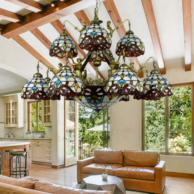 Brown Mermaid Design Chandelier Pendant Lamp With Tiffany Cut Glass Dome For Living Room - 15 Lights