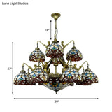 Brown Mermaid Design Chandelier Pendant Lamp With Tiffany Cut Glass Dome For Living Room - 15 Lights