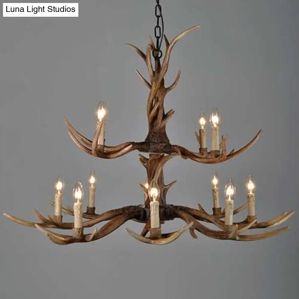 Brown Resin Chandelier Light Fixture - Traditional Antler Ceiling Lighting For Living Room