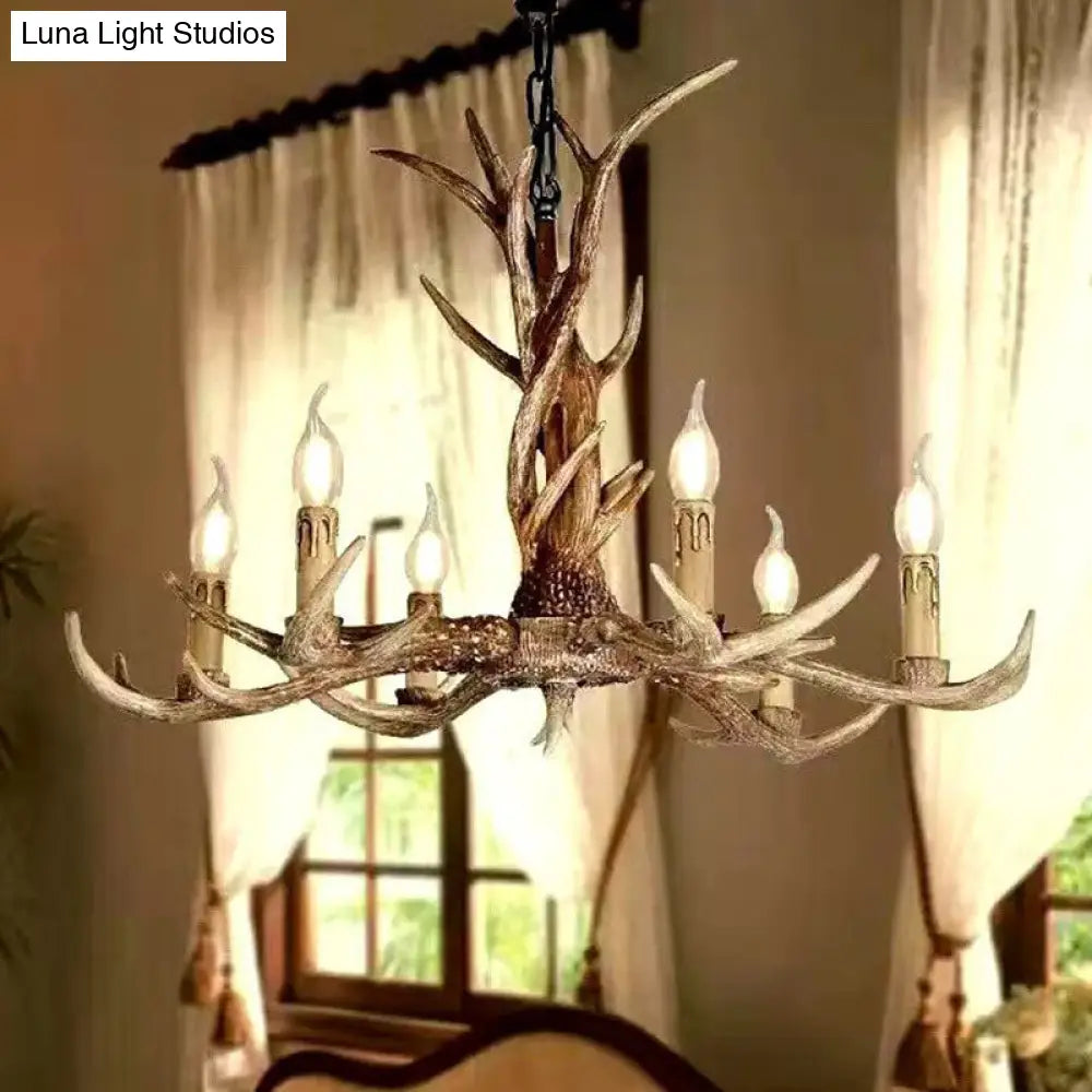Brown Resin Chandelier Light Fixture - Traditional Antler Ceiling Lighting For Living Room