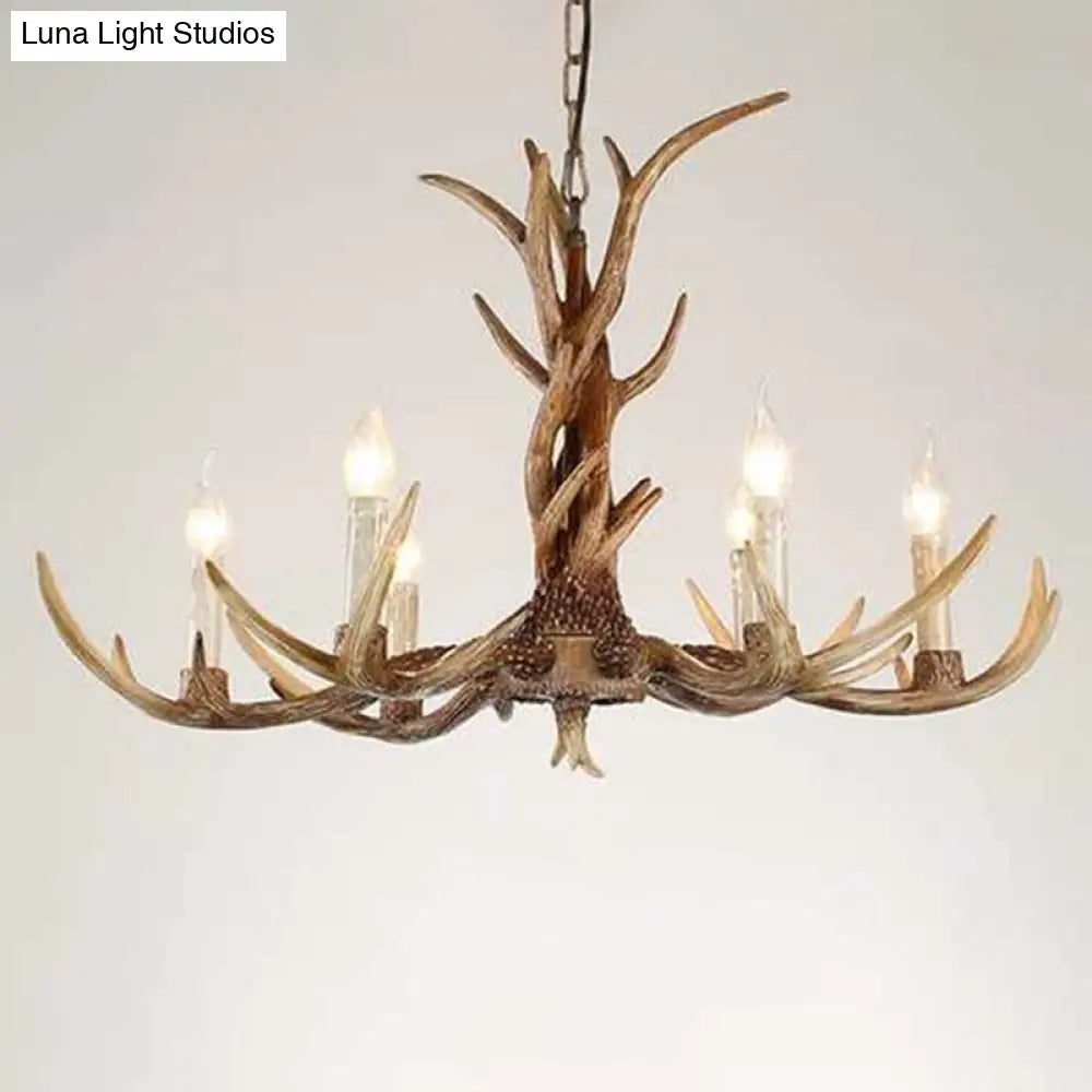 Brown Resin Chandelier Light Fixture - Traditional Antler Ceiling Lighting For Living Room