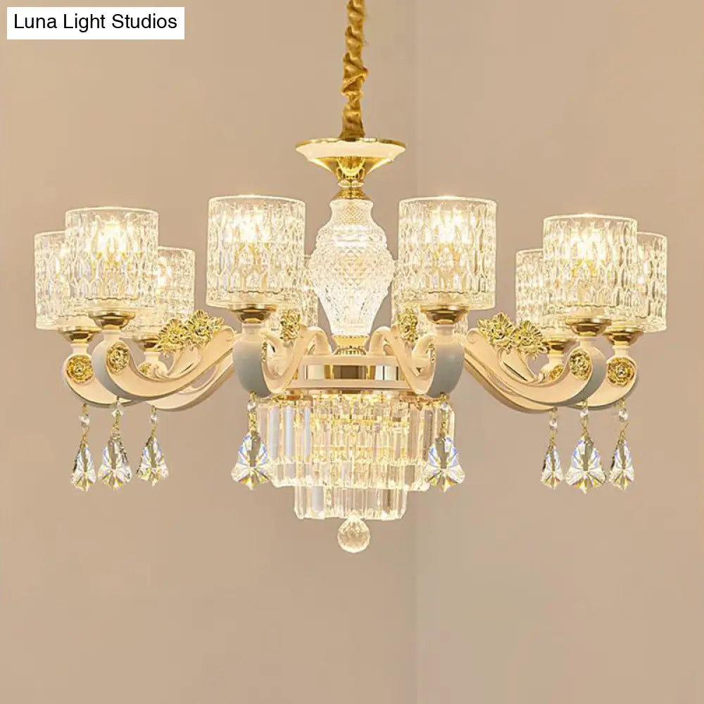 Brushed Brass Pendant Light Kit - Postmodern Glass Cylinder Design With 10 Dimpled Heads