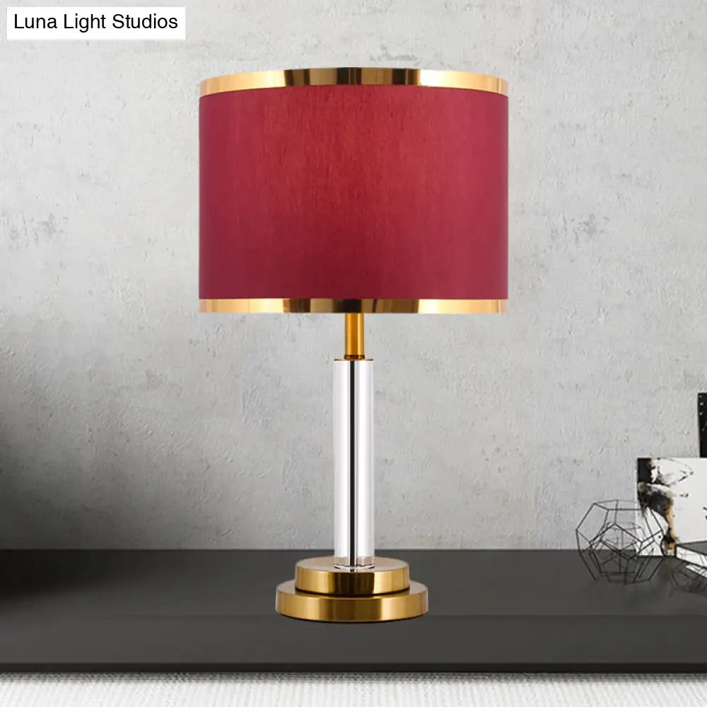 Burgundy/Beige Crystal Table Lamp With Traditional Fabric Shade - Elegant Circular Design