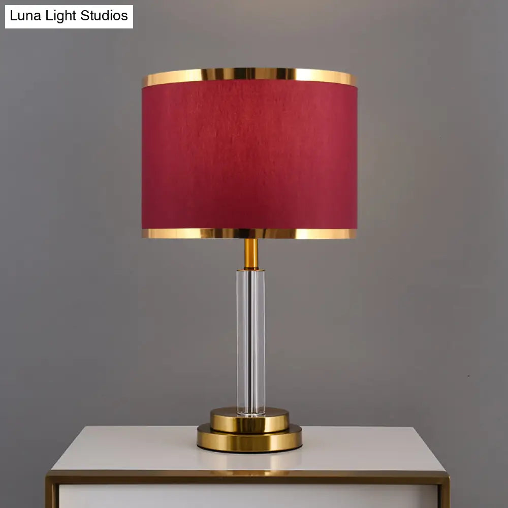 Burgundy/Beige Crystal Table Lamp With Traditional Fabric Shade - Elegant Circular Design