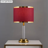 Burgundy/Beige Crystal Table Lamp With Traditional Fabric Shade - Elegant Circular Design