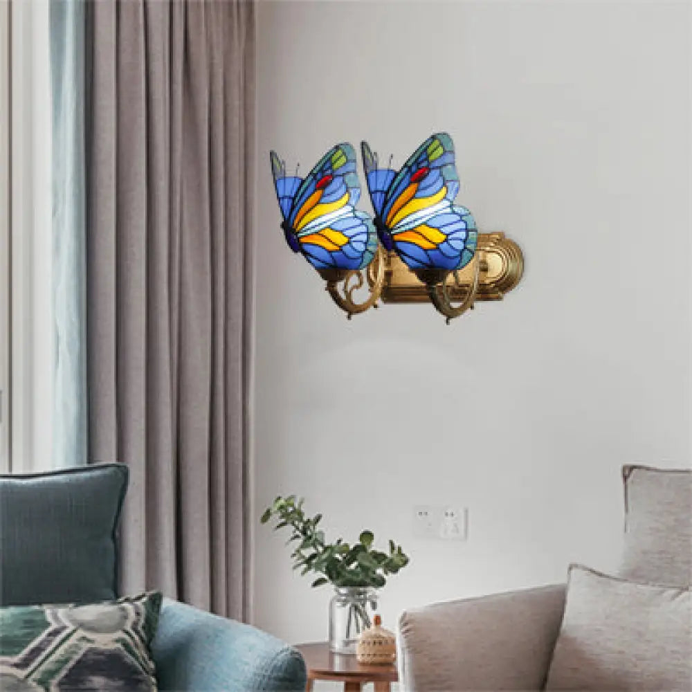 Butterfly Sconce Stained Glass Rustic Vanity Lighting With 2 Lights In Brass For Lodge Décor Blue