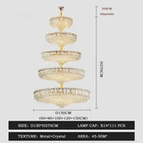 Camille French Luxury Long Crystal Chandelier Gold LED Grand Lobby Light 5 levels-D150xH270CM / neutral light 4000k