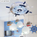 Cartoon 3 Bulb Cream Glass Dome Ceiling Light – Flush Mount With Rudder Canopy (White)