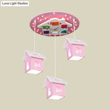 Cartoon 3-Bulb Wood Draping House Ceiling Light Fixture In Pink/Blue