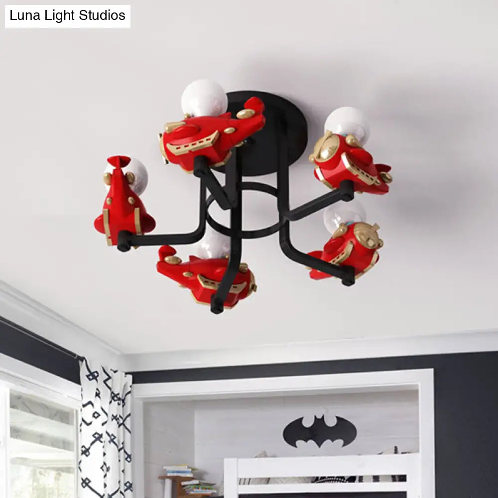 Cartoon Airplane Metal Semi Flush 5 - Light Ceiling Fixture In Red For Boys’ Bedroom