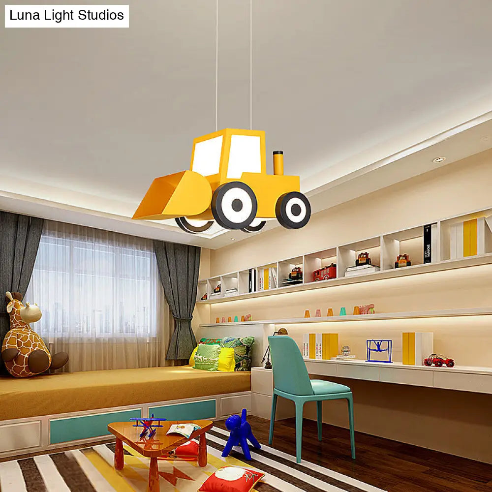 Cartoon Bulldozer Led Chandelier: Metal Lighting Fixture For Boys Bedroom