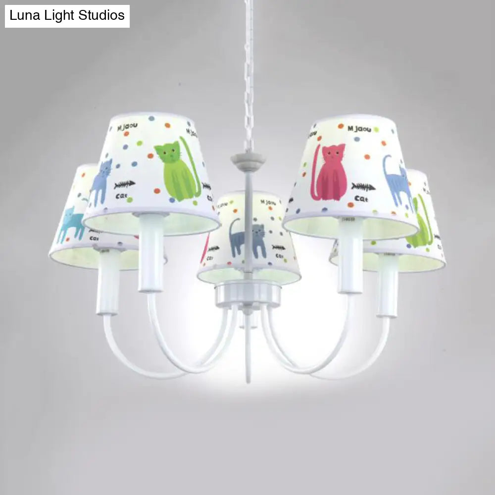 Cartoon Cat Hanging Chandelier - Kids Bedroom Lamp Fixture With 5 Fabric Lights