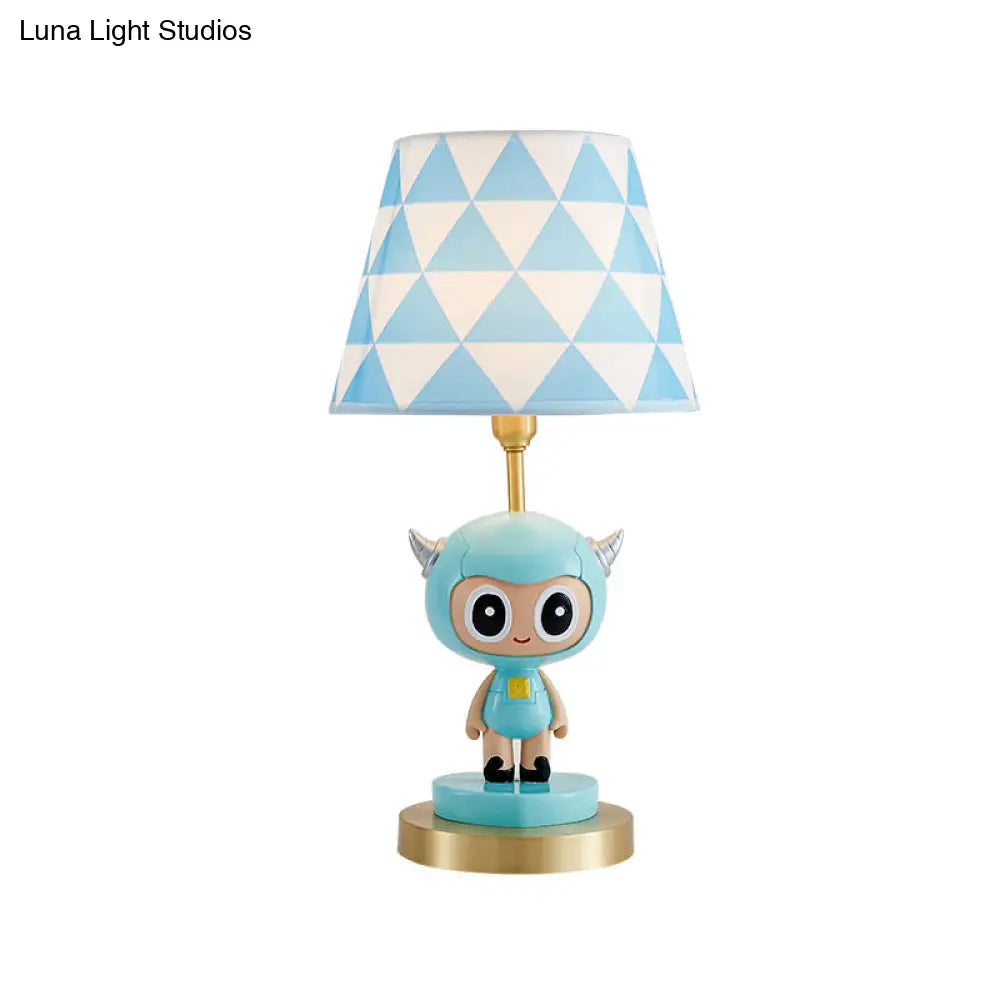 Cartoon Cow Boy Night Lamp With Triangle Print Shade In Pink/Blue - Resin Table Lighting