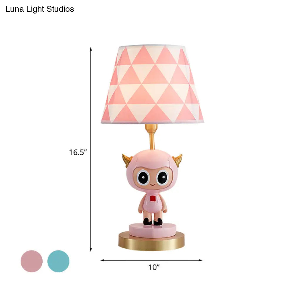 Cartoon Cow Boy Night Lamp With Triangle Print Shade In Pink/Blue - Resin Table Lighting