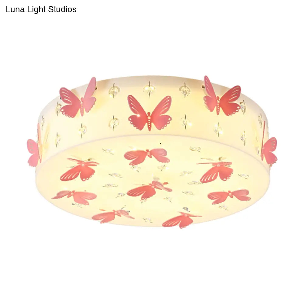 Cartoon Dragonfly Led Flush Mount Light Fixture In Pink Fabric With Warm/White